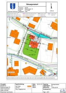 Situasjonskart som viser eiendomsgrenser, naboeiendommer, veier og bygningers plassering i forhold til hverandre.