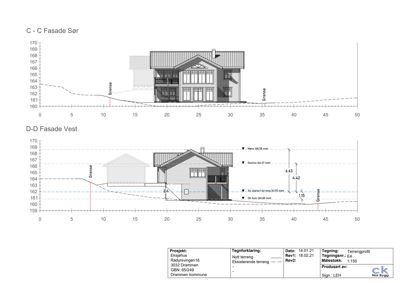 Fasadetegning med oppriss av bygningen sett fra sør og vest, inkludert terrengprofil og høydemålinger.