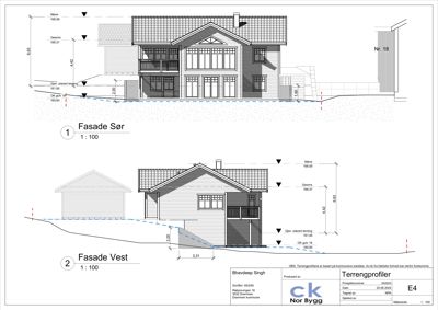 Fasade tegninger for en bolig, inkludert 'Fasade Sør' og 'Fasade Vest' med høydeangivelser og terrengprofil.