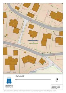 Kartutsnitt som viser eiendomsforhold, vegnett og infrastruktur i Drammen kommune.