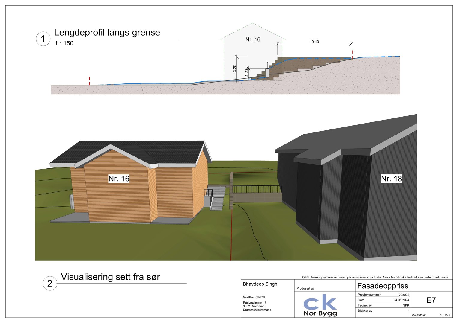 Bildet viser en 3D-visualisering av to bygninger (Nr. 16 og Nr. 18) sett fra sør, samt en lengdeprofil over terrenget.