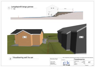 Bildet viser en 3D-visualisering av to bygninger (Nr. 16 og Nr. 18) sett fra sør, samt en lengdeprofil over terrenget.