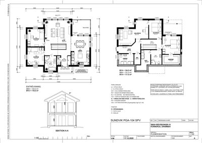 Bildet viser etasjeplaner (entré- og kjellerstue) samt et snitt (seksjon A-A) for en bolig.