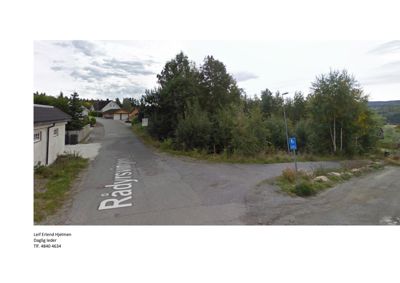 Et kartbilde, sannsynligvis fra Google Street View, som viser en vei med gatetegn 'Rådysvingen', naboegenskaper og skog.
