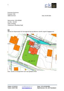Situasjonsplan som viser tomt, naboeiendommer, veggrenser og planlagt bygning.