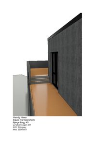 3D-visualisering av en fasade med en terrasse og trapp.