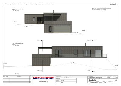 Fasadetegning som viser bygningens utseende fra vest og sør, inkludert detaljer om vinduer, dører, takform og terrengforhold.