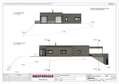 Fasadetegning som viser bygningens utseende fra øst og nord, inkludert vinduer, takform og terrengforhold.