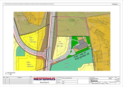 Situasjonsplan som viser tomtens beliggenhet, grenser, veioppkobling og arealoppdeling (BKS1, BKS2, BF1).