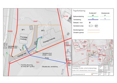 Situasjonsplan som viser tomtens grenser, eiendomsnummer, planlagte veier, vann- og spillvannsledninger samt eksisterende infrastruktur.