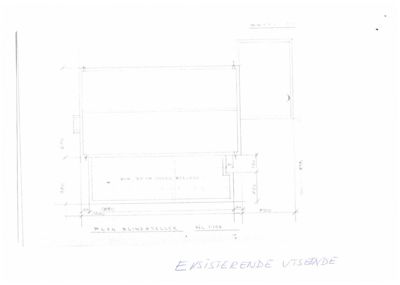 Etasjeplan (plan) for en eksisterende utvidelse av en bygning, med dimensjoner og romoppdeling.