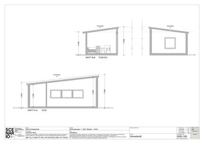 Snittegning (snitt A-A og B-B) av en tilbyggbygning med mål og detaljer.