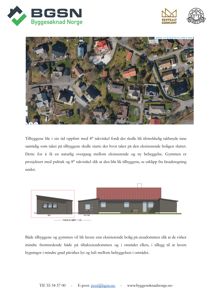 Fasadetegning som viser en bygning sett fra siden, med en forstørret detalj av taket.