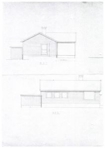 Tegning som viser fasadeopprikk (fra vest og syd) av en enebolig med garasje.