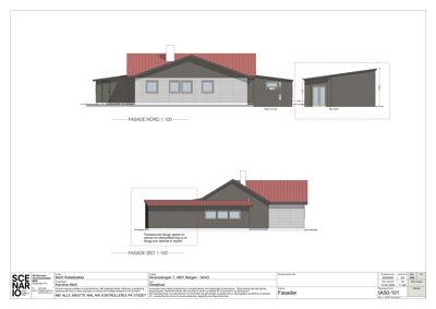 Fasadetegning som viser bygningens utsyn mot nord og øst med mål og detaljer.