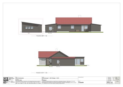 Fasadetegning som viser bygningens utseende fra vest og sydøst.
