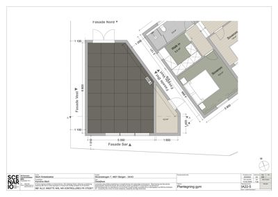 Etasjeplan for et gym (gymnastikksal) med angitte fasader, rom og mål.