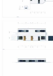 Bildet viser fasadetegninger av en moderne bygning sett fra front og side.