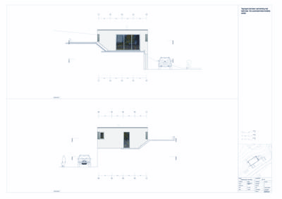Bildet viser to fasadetegninger av en bygning sett fra siden, med skisser av omgivelser som bil og person.