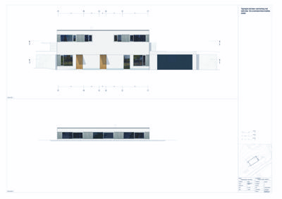 Bildet viser en fasadetekning av en bygning sett fra fronten, med en mindre sidefasade under. Det er en arkitektonisk tegning.