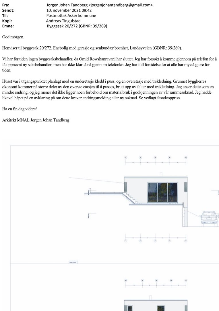 Fasadetegning (opprikk) som viser bygningens utside, vinduer og materialbruk.