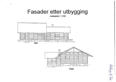 Tegning som viser fasader (Sør og Vest) på en bygning etter utbygging.