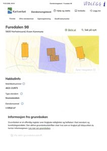 Kart fra Kartverket som viser eiendomsgrunnene og bygningsplassering for Furedalen 98.