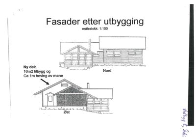 Tegning som viser fasader (Nord og Øst) etter utbygging av en bygning, inkludert målstokk og beskrivelse av endringer.