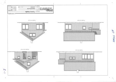 Fasadetegning som viser bygningens utseende fra fire ulike vinkler (nord, øst, sør, vest).
