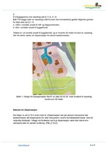 Utklipp fra en situasjonsplan som viser bygningers plassering i forhold til et vassdrag, med angitte avstander (30,4 m og 47,9 m) og en markert byggegrense.