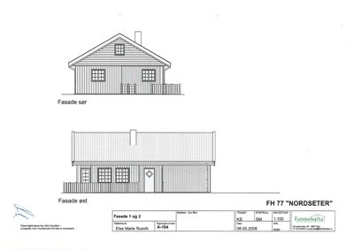Fasadetegning som viser bygningens utseende fra øst og sør.