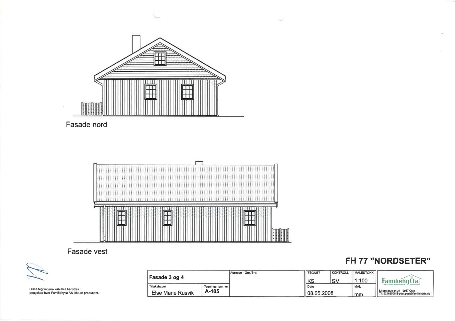 Fasadetegning som viser bygningens utseende fra nord og vest.