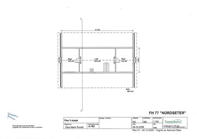 Etasjeplan (Plan 2 etasje) som viser romfordeling, mål og areal for Bod, Loft og BTA.