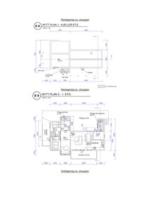 Bildet viser to etasjeplaner (kjeller og 1. etasje) for en ny situasjon, med romnavn og mål.
