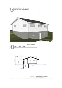 Bildet viser en fasadetegning (perspektiv) og et snitt (A-A) av en bygning.