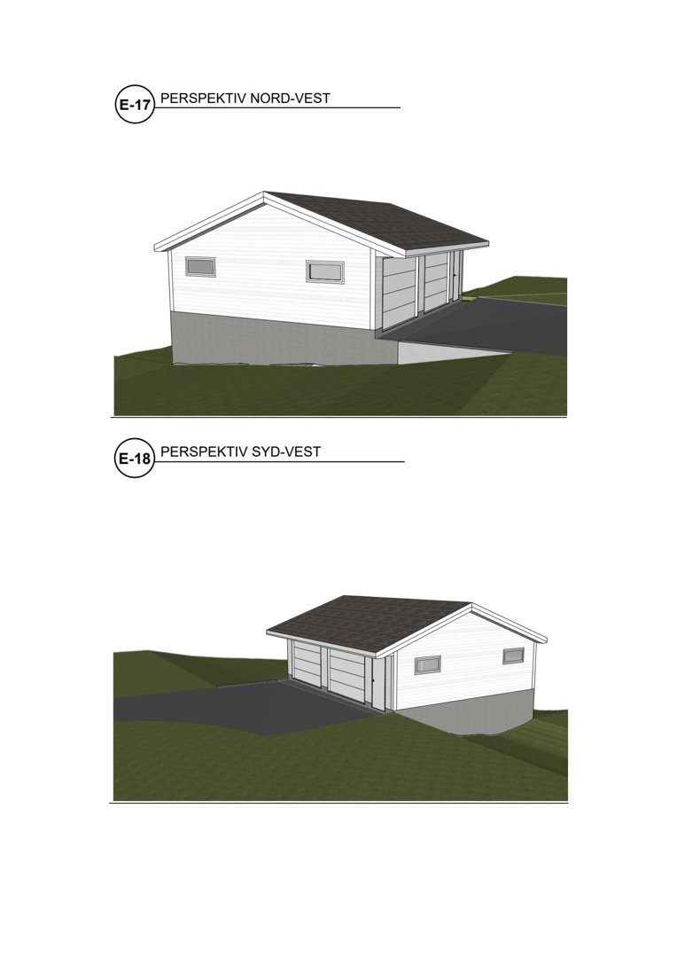3D-visualiseringer (perspektivtegninger) av en bygning sett fra nord-vest og syd-vest.