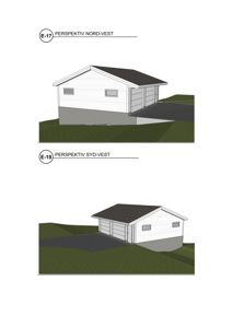 3D-visualiseringer (perspektivtegninger) av en bygning sett fra nord-vest og syd-vest.