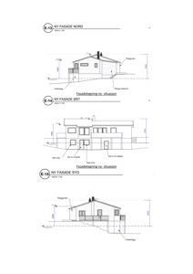 Bildet viser tre fasadetegninger (Nord, Øst, Syd) for en bygning med mål og situasjonsmerknader.