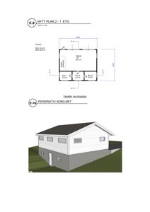 Bildet viser en plantegning (etasjeplan) for første etasje (1. ETG) av en nybygning, inkludert romfordeling, garasje og mål. Under dette er det også en fasadetekning (perspektiv nord-øst).