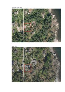 Bildet viser to flyfoto (ett historisk fra 2013 og ett fra nåtiden 2023) av et område med hus og natur, med en rød ramme som markerer en spesifikk tomt eller byggefelt.