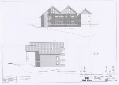 Fasadetegning som viser bygningens utseende fra nord og vest, inkludert takform, vinduer og terrengforhold.