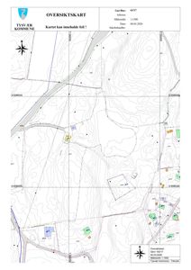 Oversiktskart (situasjonskart) som viser topografi, vegnett og plassering av eiendommer i et område.