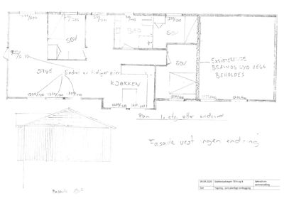 En håndtegnet etasjeplan som viser romfordeling (stue, kjøkken, soverom, bad) og dimensjoner. Under planen er det også tegnet en fasadeutsnitt.