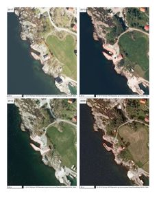 Bildet viser en sammenligning av satellittbilder (flyfoto) fra ulike år (2008, 2012, 2013, 2017) av en kysttomte. Det er tegnet ruter over tomtegrenser og bygningsplasseringer.