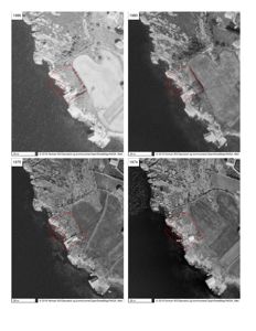 Bildet viser en historisk oversikt over et område med fire satellittbilder fra ulike år (1974, 1975, 1980, 1986).