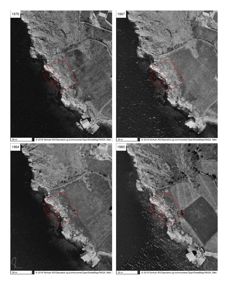 Bildet viser en historisk flyfoto-oversikt over et kystområde med tomtegrenser markert. Det er en kartvisning som viser endringer i bygningene over tid.