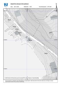 Kart over et område med vegnavn (Førlandvegen), eiendomsnummer (f.eks. 18/46, 18/50) og høydemålerlinjer. Kartet er utskrift fra Norkart AS.