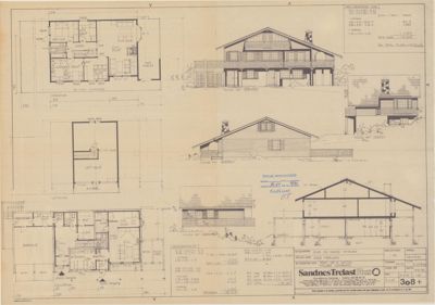 Bildet viser en tegningssamling for en bolig, inkludert fasadeopprikk mot sørøst, nordøst og nordvest, samt en snittegning. Det er også inkludert etasjeplaner og en situasjonsplan.