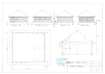 Tegning som viser fasadeoppsett for en dobbel garasje sett fra fire sider (vest, øst, nord, sør), samt et snitt og et grunnplan.