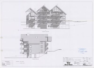 Fasadetegning som viser bygningens utseende fra to ulike vinkler (sør og vest).